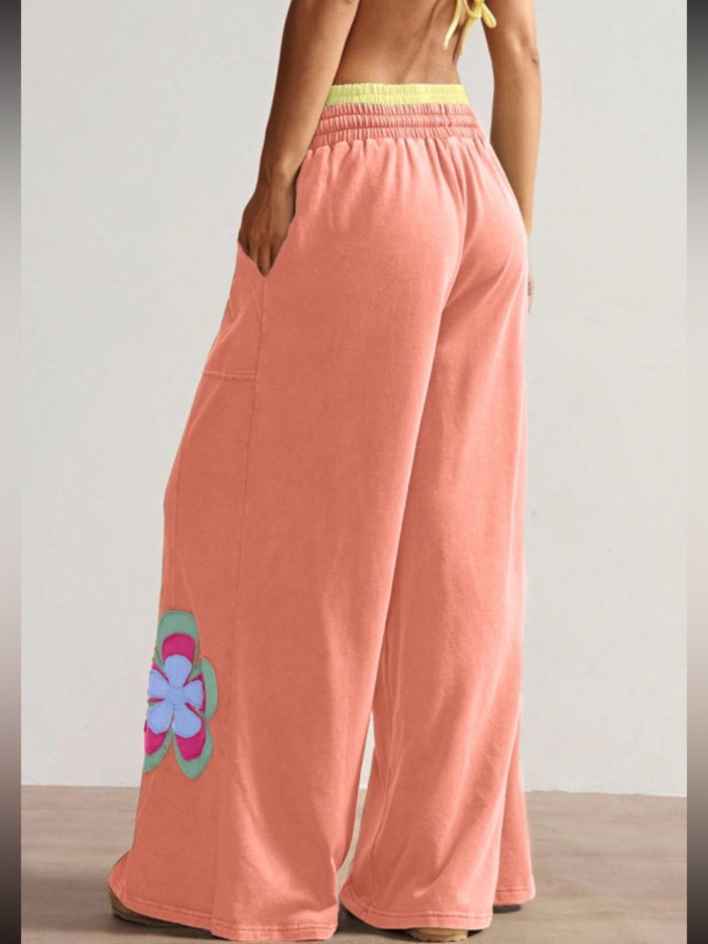 1214. Orange Colorblock floral patchwork wide leg elastic waist pant - Picture 3 of 5